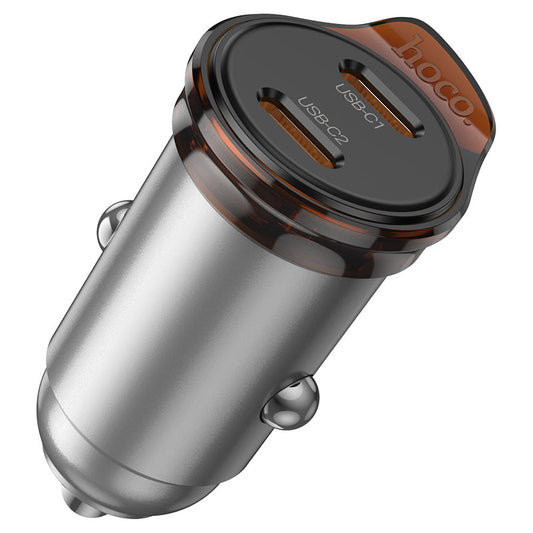 Autolaturi HOCO NZ16B Lightning-kaapelilla, 45W, 3A, 2 x USB-C, Harmaa