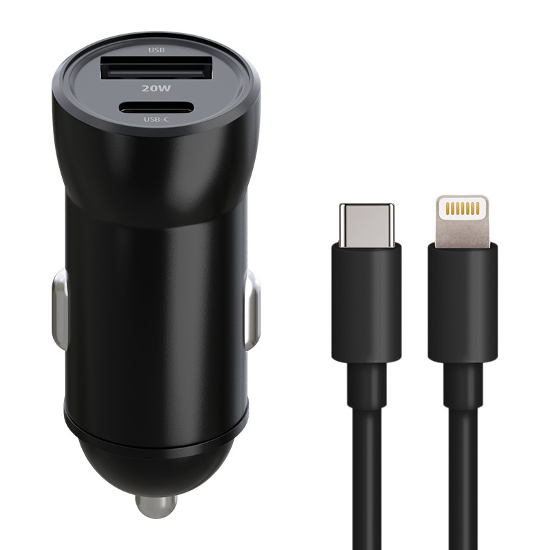 Autolaturi Lightning-kaapelilla MaXlife MXCC-04, 20W, 3A, 1 x USB-A - 1 x USB-C, Musta