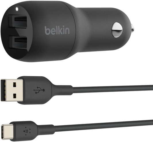 Belkin BoostCharge Dual USB-C-kaapelilla autolaturi, 24W, 2.4A, 2 x USB-A, musta CCE001bt1MBK