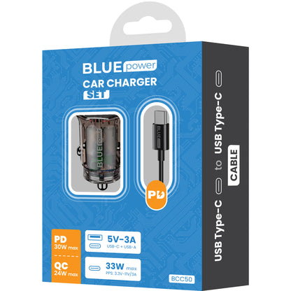 Autolaturi USB-C-kaapelilla BLUE Power BCC50, 33W, 3A, 1 x USB-A - 1 x USB-C, Musta