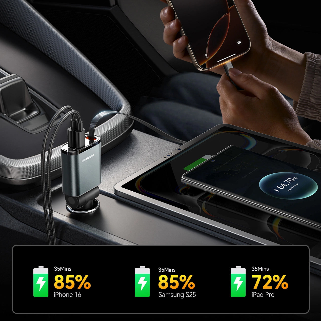 Autolaturi USB-C-kaapelilla Joyroom JR-CCL07, 30W, 3A, 1 x USB-A - 1 x USB-C, Harmaa