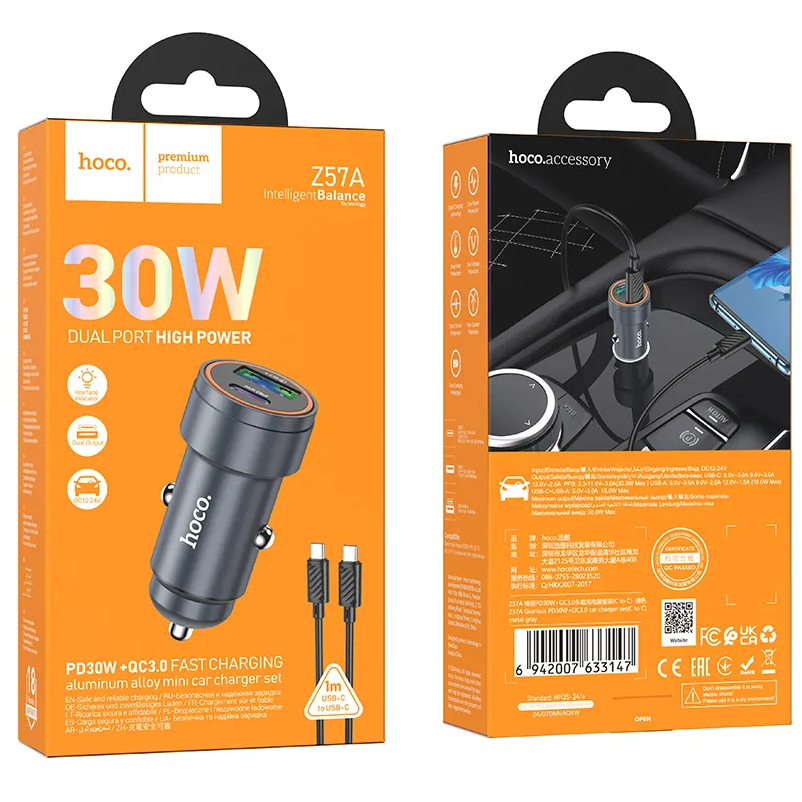 Autolaturi USB-C-kaapelilla HOCO Z57A, 30W, 3A, 1 x USB-A - 1 x USB-C, Harmaa