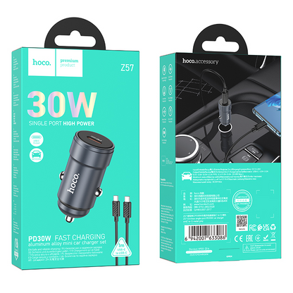 Autolaturi USB-C-kaapelilla HOCO Z57, 30W, 3A, 1 x USB-C, Harmaa