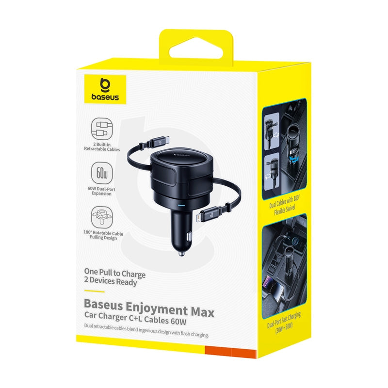 Autojen laturi USB-C / Lightning-kaapelilla Baseus Enjoyment Max, 60W, 3A, Musta C00035507121-00
