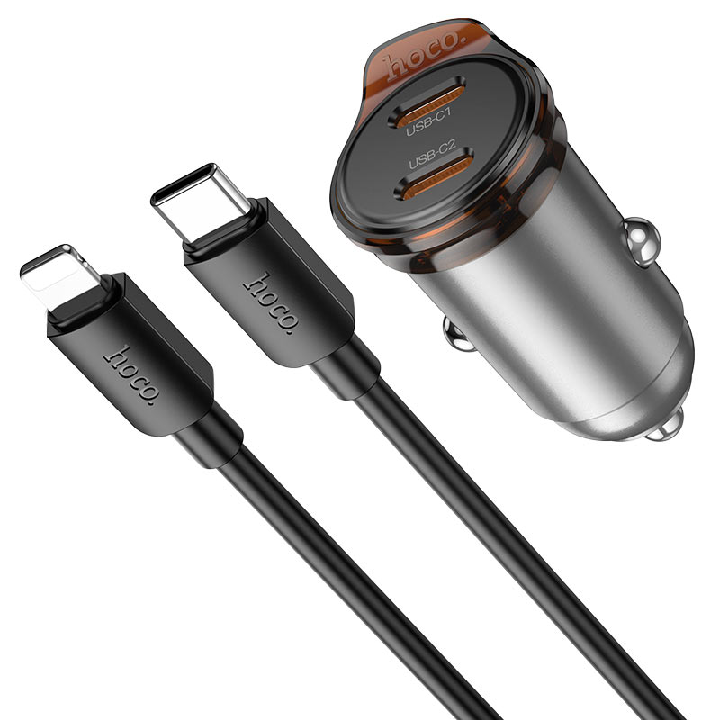 Autolaturi HOCO NZ16B Lightning-kaapelilla, 45W, 3A, 2 x USB-C, Harmaa