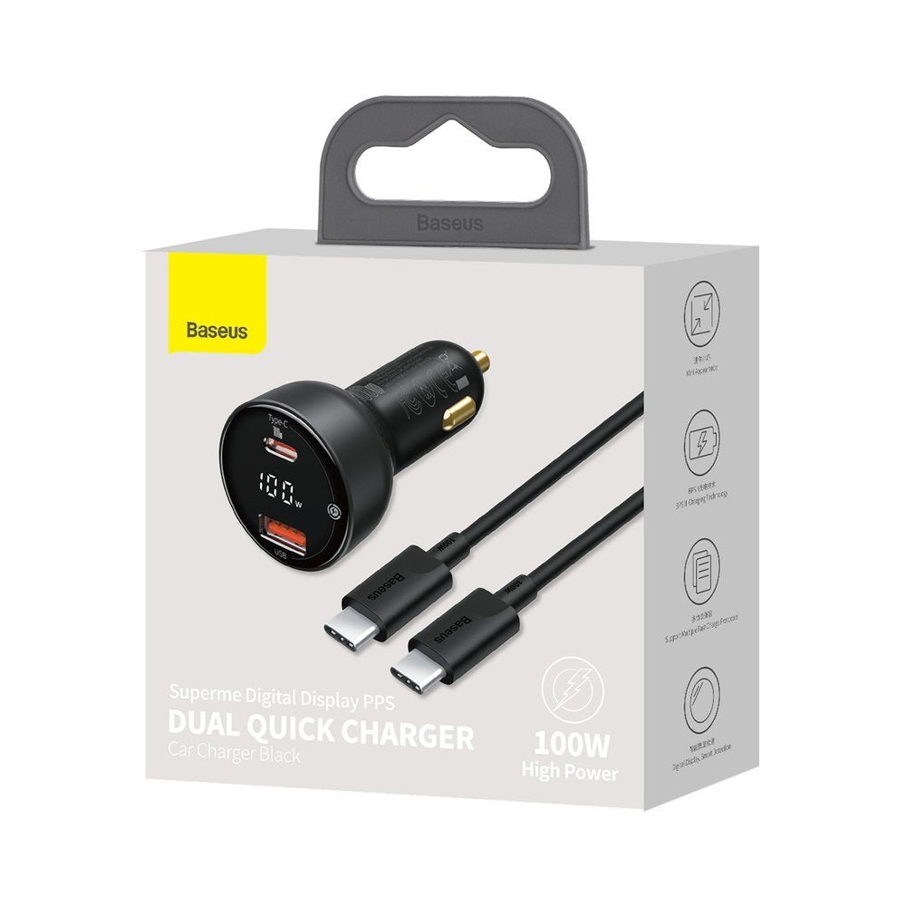Auto USB-C -kaapelin Baseus Superme -laturi, 100W, 5A, 1 x USB-A - 1 x USB-C, Musta TZCCZX-01