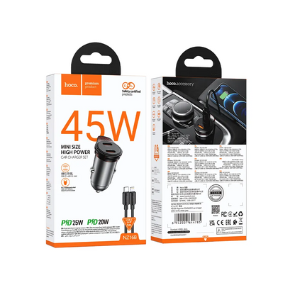 Autolaturi HOCO NZ16B Lightning-kaapelilla, 45W, 3A, 2 x USB-C, Harmaa