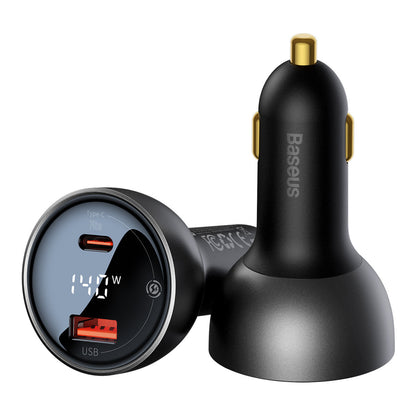 Baseus Autolaturi USB-C Kaapelilla, 140W, 5A, 1 x USB-A - 1 x USB-C, Musta CGZX070001