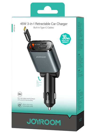 Autolaturi USB-C-kaapelilla Joyroom JR-CCL07, 30W, 3A, 1 x USB-A - 1 x USB-C, Harmaa