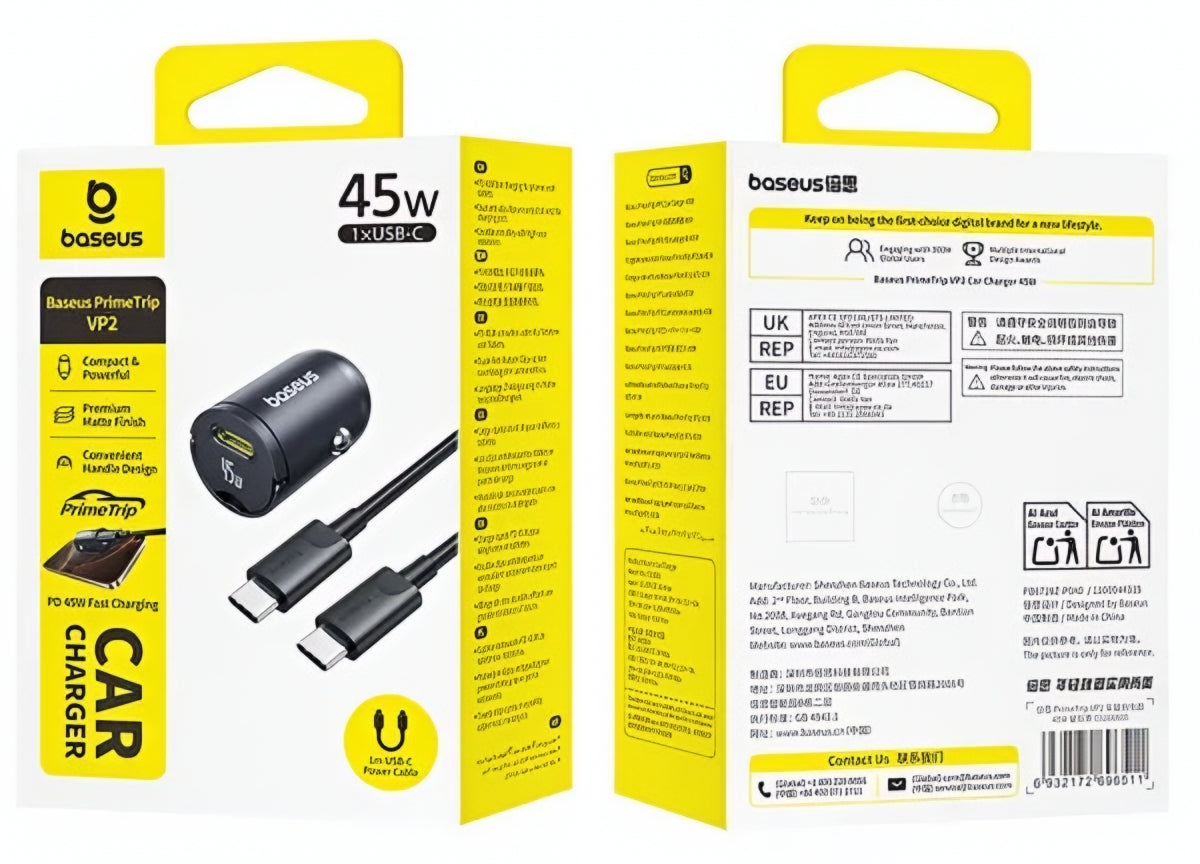 Autojen USB-C-kaapelilaturi Baseus PrimeTrip VP2, 45W, 3A, 1 x USB-C, Musta C0206800