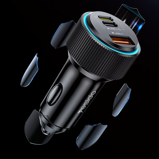 Autolaturi Yesido Y60 Lightning-kaapelilla, 38W, 3A, 1 x USB-A - 2 x USB-C, Musta