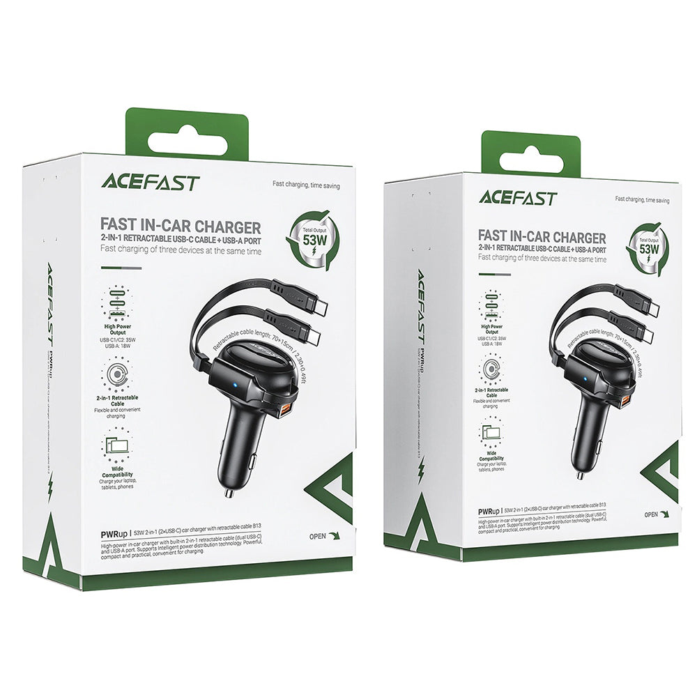 Acefast B13 Car Charger with USB-C Cable, 53W, 3A, 1 x USB-A, Black