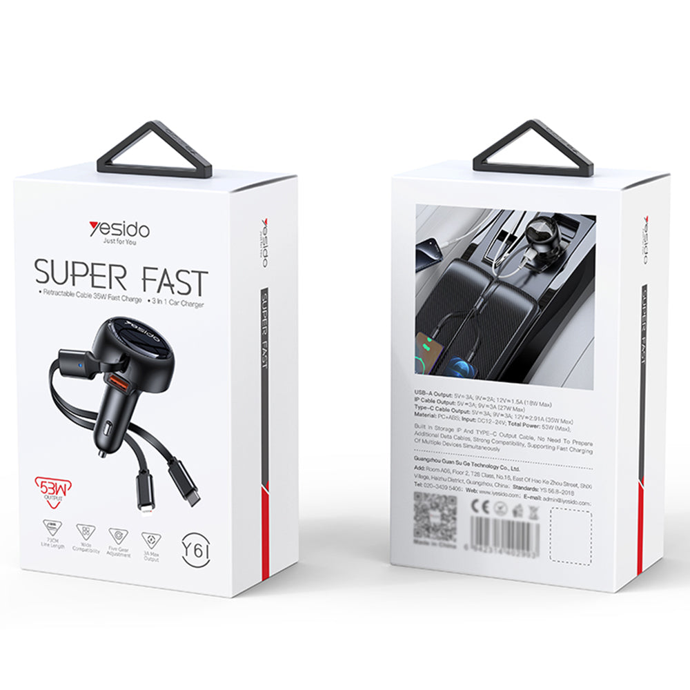 Autolaturi USB-C / Lightning Yesido Y61, 53W, 3A, 1 x USB-A, Musta