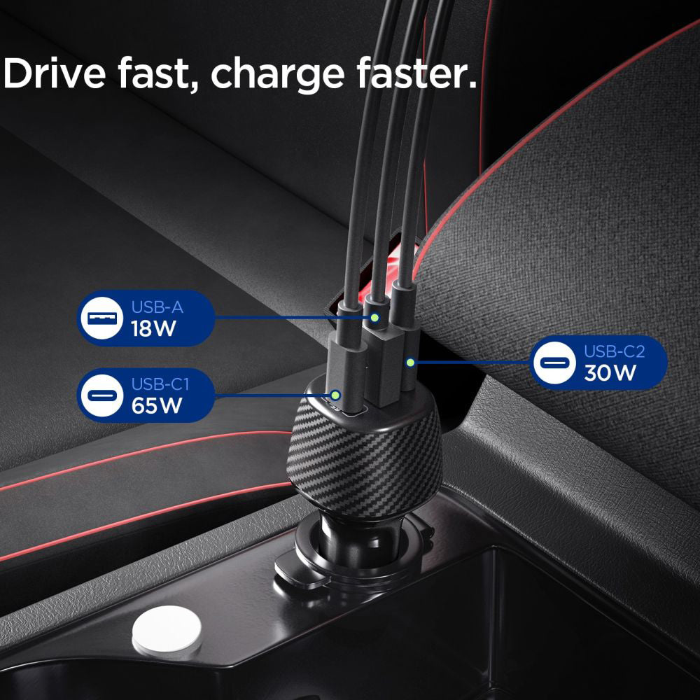 Auto USB-C -laturi Spigen EV1133, 113W, 3.25A, 1 x USB-A - 2 x USB-C, Musta