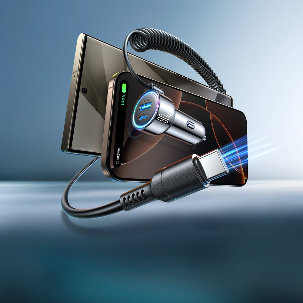 Autolaturi USB-C-kaapelilla Joyroom JR-CL07, 90W, 3A, 1 x USB-A - 1 x USB-C, Musta