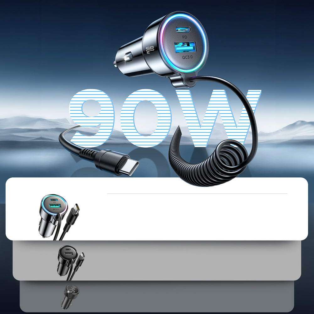 Autolaturi USB-C-kaapelilla Joyroom JR-CL07, 90W, 3A, 1 x USB-A - 1 x USB-C, Musta