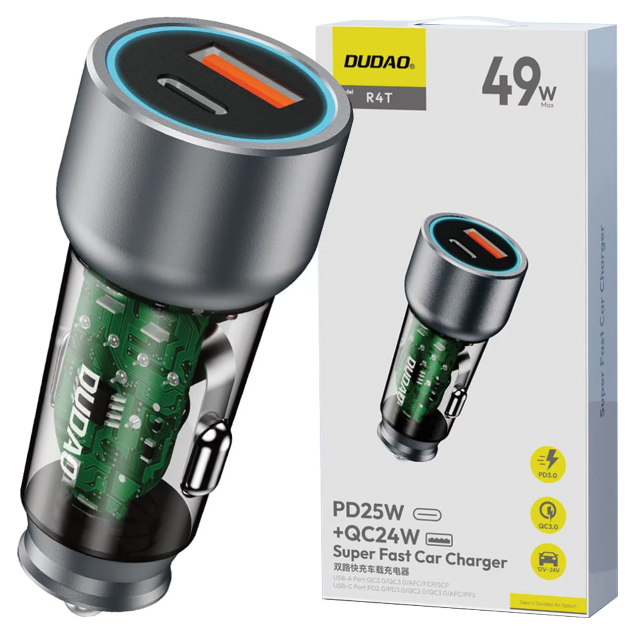 Autolaturi Dudao R4T, 30W, 3A, 1 x USB-A - 1 x USB-C, harmaa 