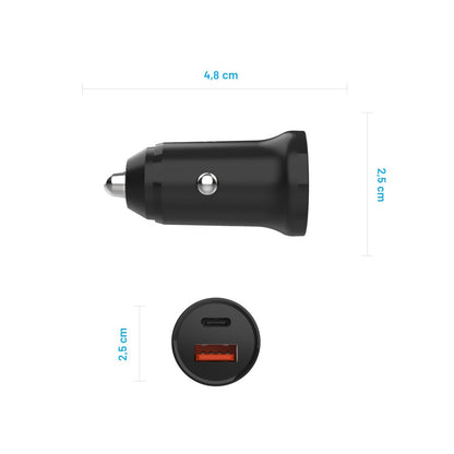 Auto Fixed -laturi, 20W, 3A, 1 x USB-A - 1 x USB-C, Musta