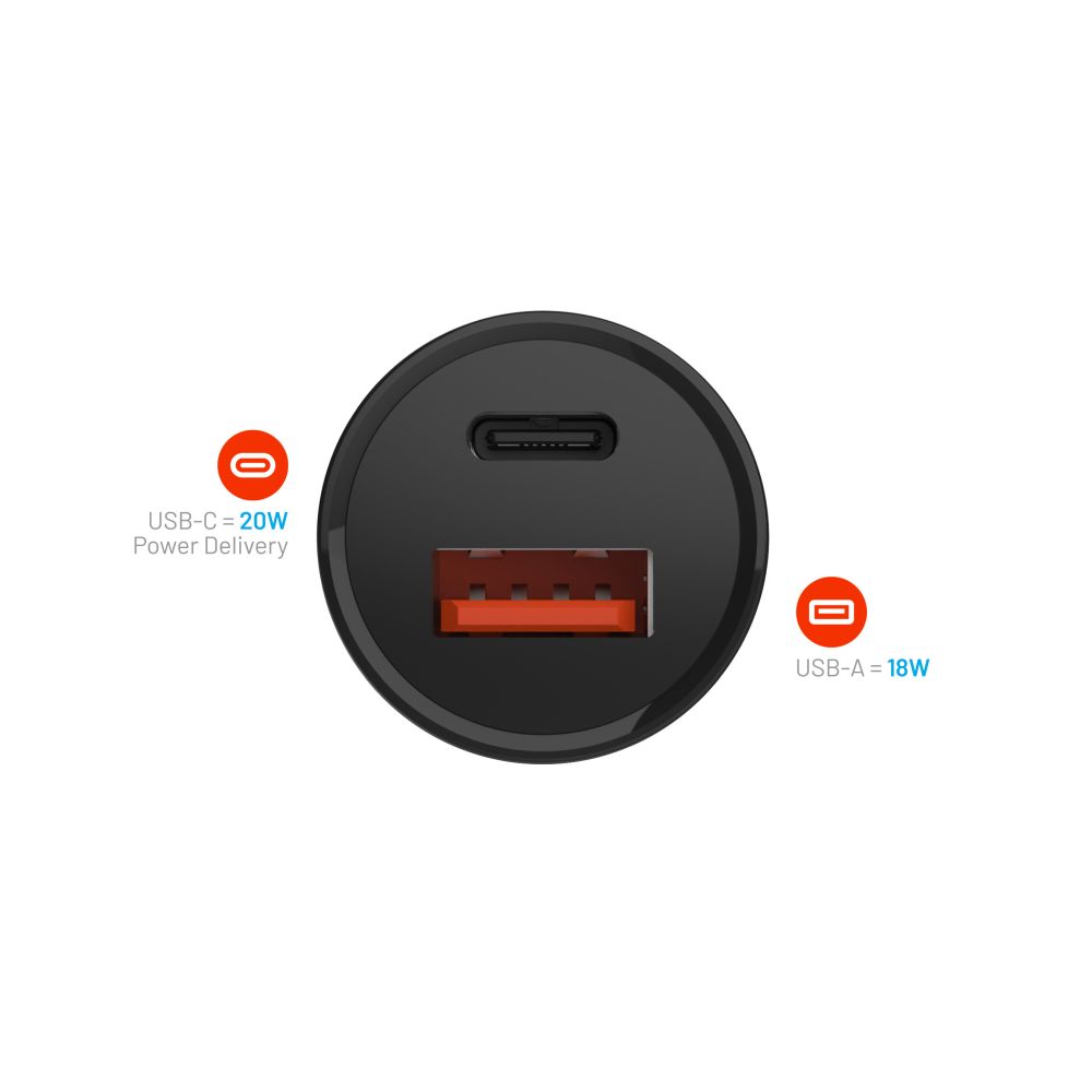 Auto Fixed -laturi, 20W, 3A, 1 x USB-A - 1 x USB-C, Musta
