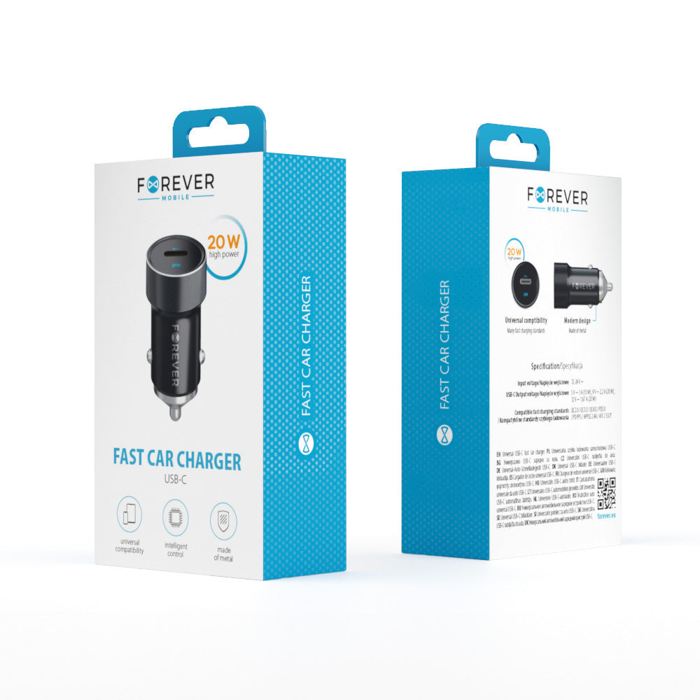 Autojen laturi Forever CC-06, 20W, 3A, 1 x USB-C, Musta