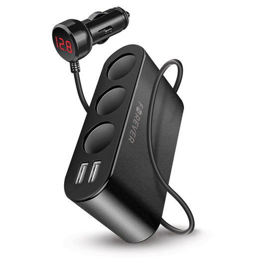 Forever MultiPort -autolaturi, 12W, 2.4A, 2 x USB-A - 3 x tupakansytyttimen jatke, musta 