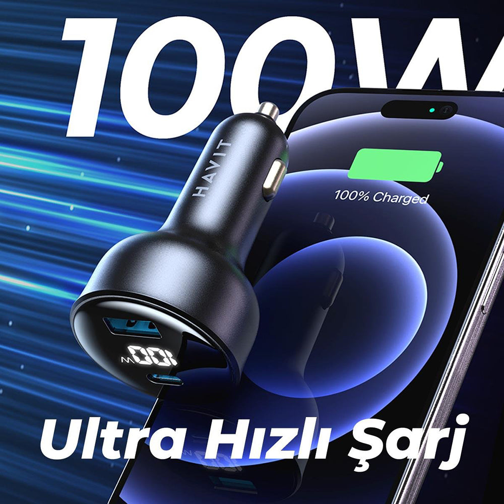 HAVIT CC100W Display Autolaturi, 100W, 5A, 1 x USB-A - 1 x USB-C, Musta