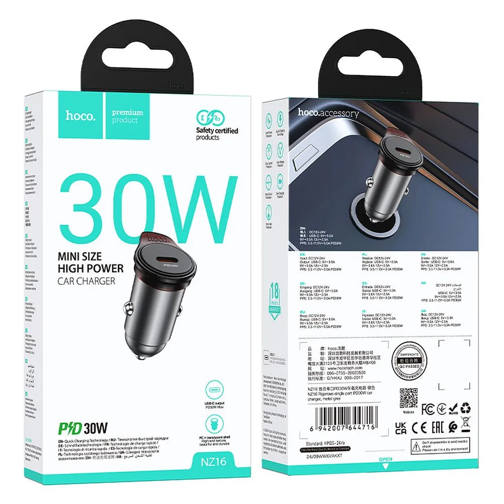 Autojen laturi HOCO NZ16, 30W, 3A, 1 x USB-C, Harmaa