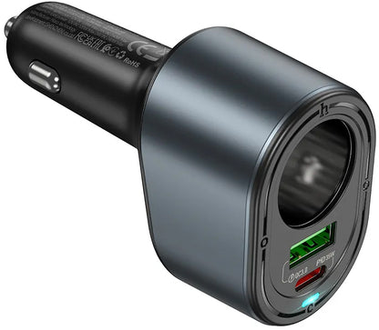 Autojen laturi HOCO Z56, 35W, 3A, 1 x USB-A - 1 x USB-C - 1 x Tupakansytyttimen jatke, Musta