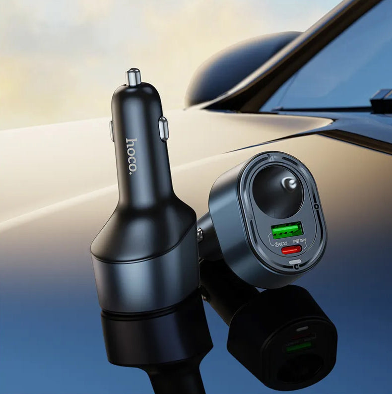 Autojen laturi HOCO Z56, 35W, 3A, 1 x USB-A - 1 x USB-C - 1 x Tupakansytyttimen jatke, Musta