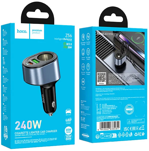 Autojen laturi HOCO Z56, 35W, 3A, 1 x USB-A - 1 x USB-C - 1 x Tupakansytyttimen jatke, Musta