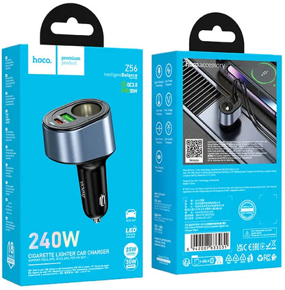 Autojen laturi HOCO Z56, 35W, 3A, 1 x USB-A - 1 x USB-C - 1 x Tupakansytyttimen jatke, Musta