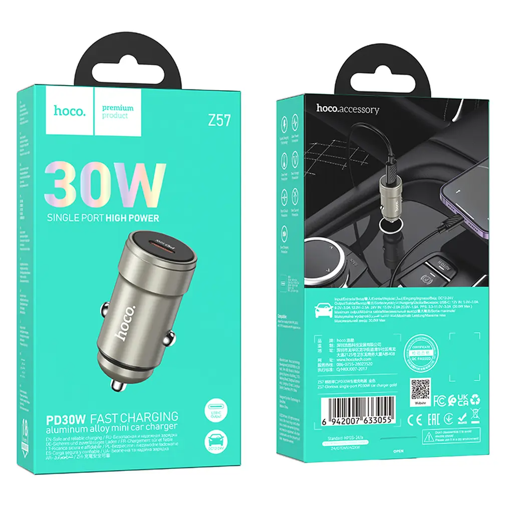 HOCO Z57 autolaturi, 30W, 3A, 1 x USB-C, harmaa