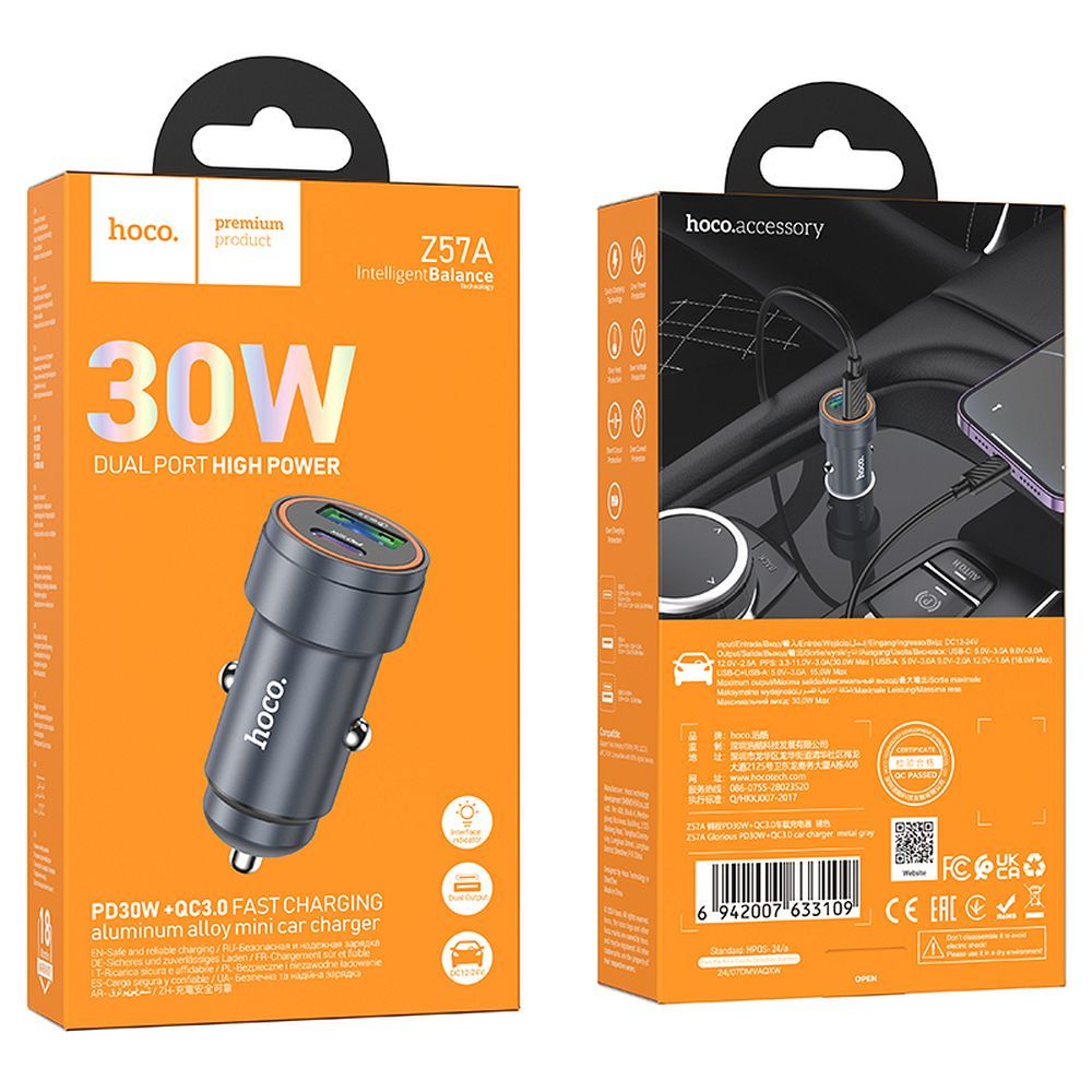 Autojen laturi HOCO Z57A, 30W, 3A, 1 x USB-A - 1 x USB-C, Harmaa