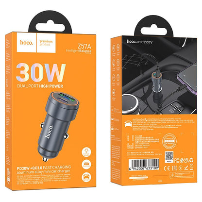 Autojen laturi HOCO Z57A, 30W, 3A, 1 x USB-A - 1 x USB-C, Harmaa