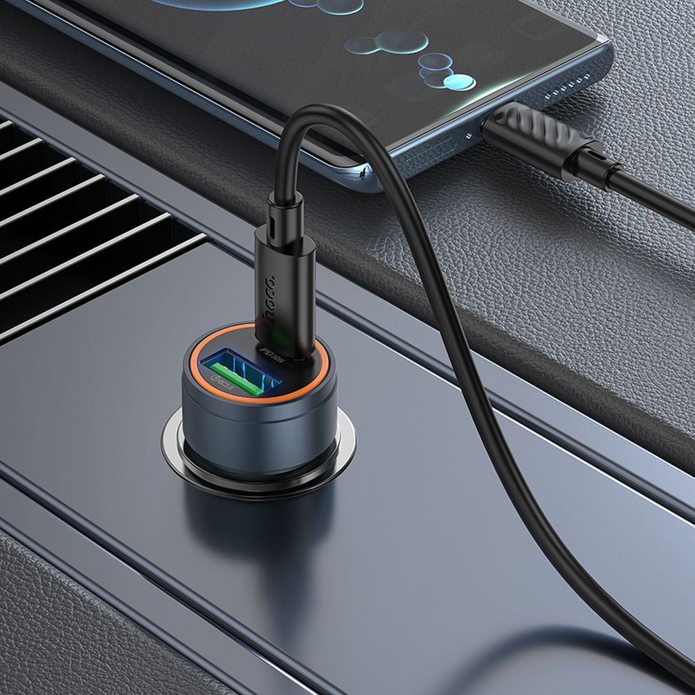 Autojen laturi HOCO Z57A, 30W, 3A, 1 x USB-A - 1 x USB-C, Harmaa