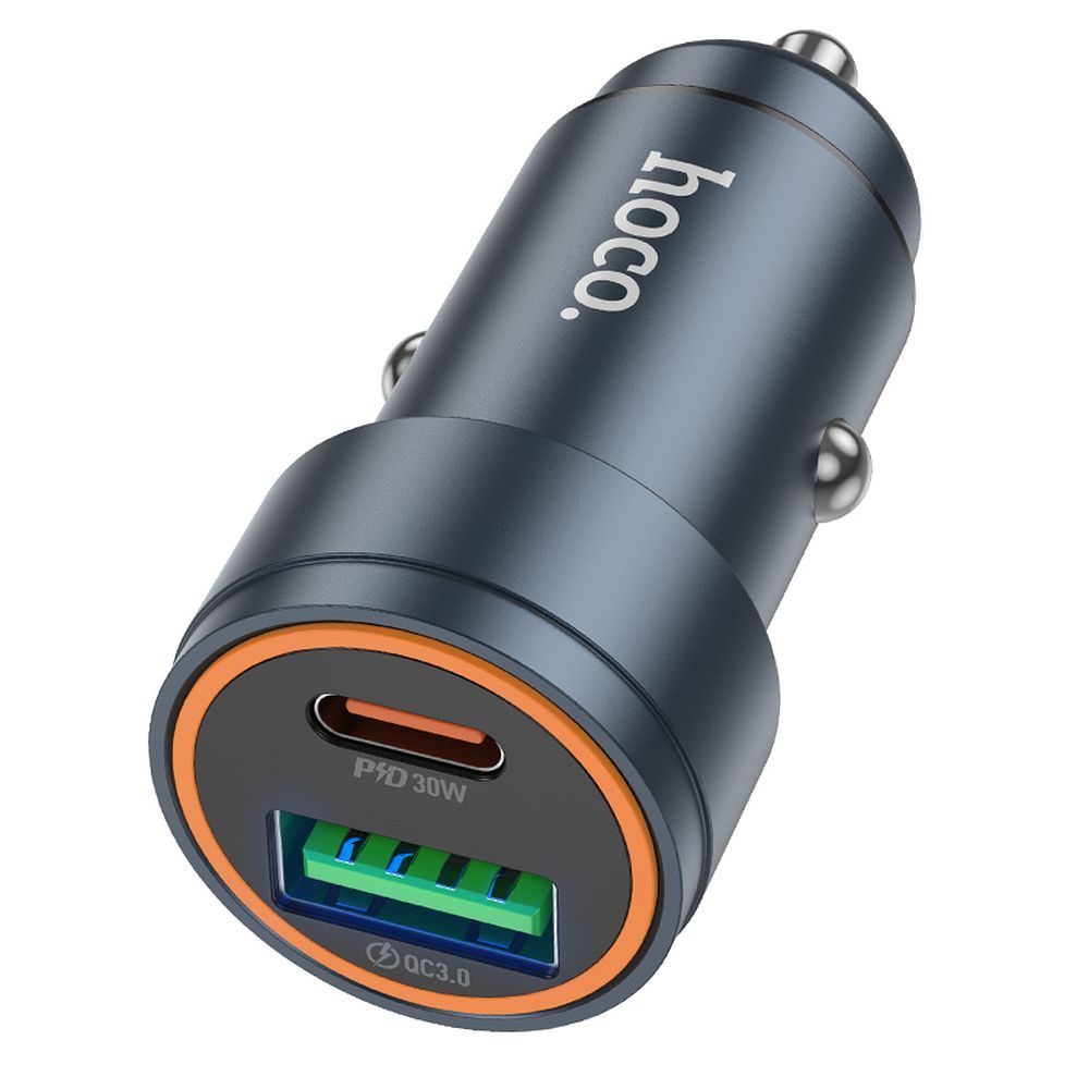 Autojen laturi HOCO Z57A, 30W, 3A, 1 x USB-A - 1 x USB-C, Harmaa