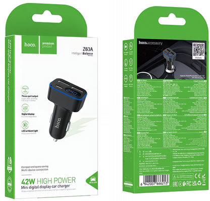HOCO Z63A Display Autolaturi, 42W, 3A, 1 x USB-C - 2 x USB-A, Musta
