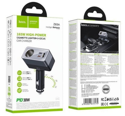 Autolaturi HOCO Z65A, 165W, 3A, 1 x Sytytinlaajennus - 1 x USB-A - 2 x USB-C, Musta