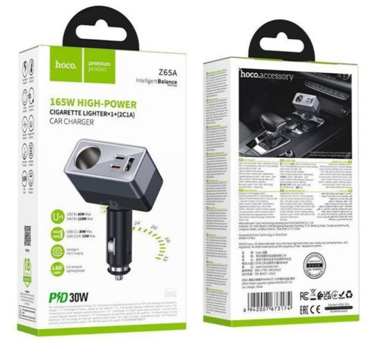 Autolaturi HOCO Z65A, 165W, 3A, 1 x Sytytinlaajennus - 1 x USB-A - 2 x USB-C, Musta
