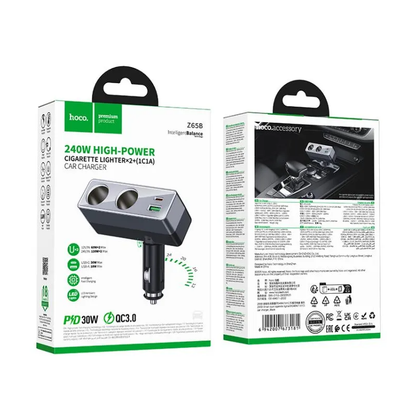 Autolaturi HOCO Z65B, 240W, 1 x USB-A - 1 x USB-C - 2 x Sytytinlaajennus, Musta