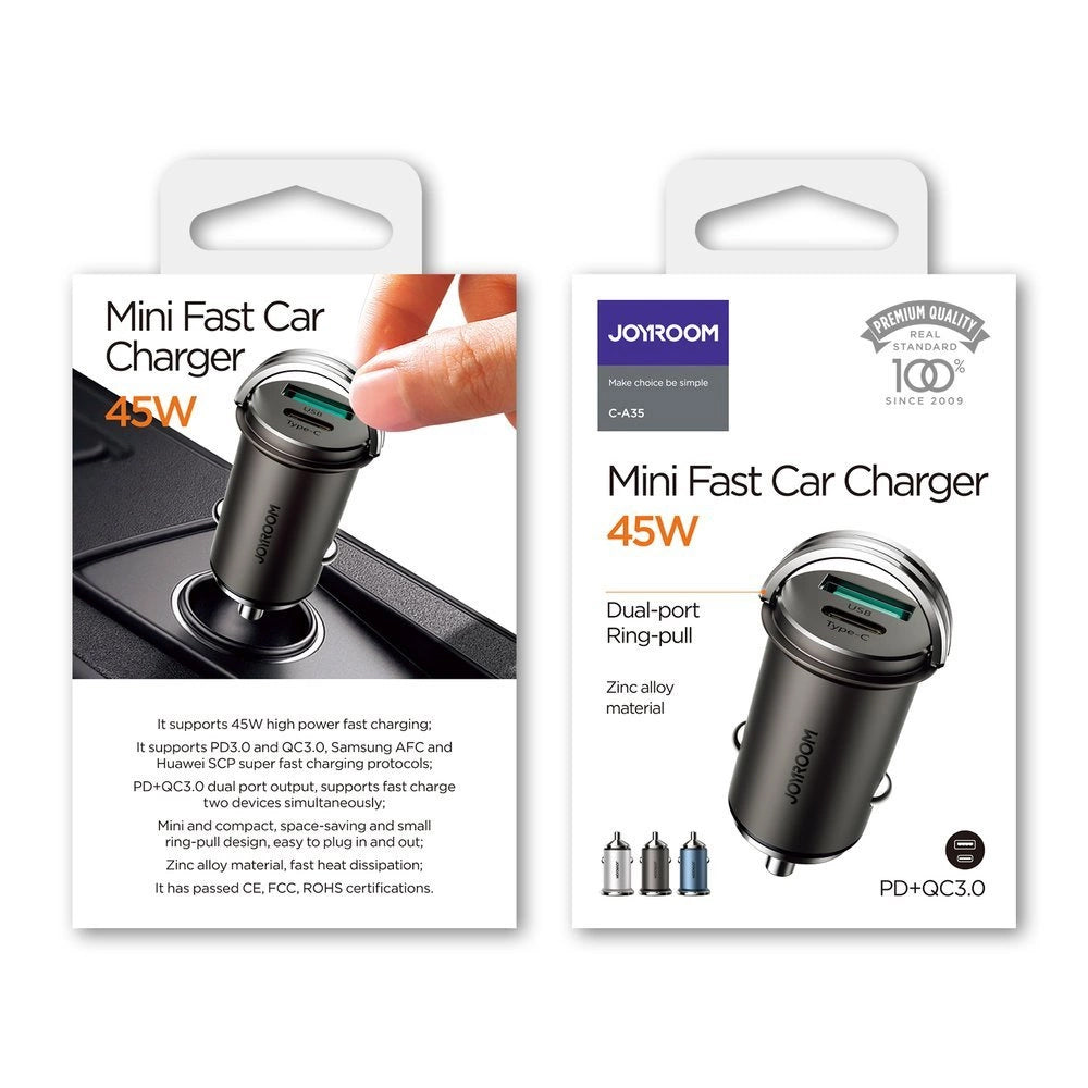 Autolaturi Joyroom C-A35, 45W, 5A, 1 x USB-A - 1 x USB-C, Harmaa