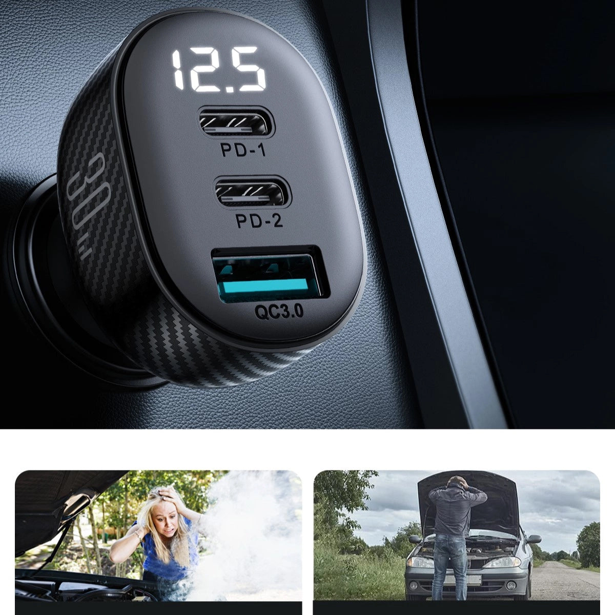 Autolaturi Joyroom JR-CCD04, 30W, 3A, 1 x USB-A - 2 x USB-C, Musta
