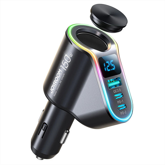 Autojen laturi Joyroom JR-CL21, 150W, 3A, 1 x Tupakansytyttimen jatke - 1 x USB-A - 2 x USB-C, Musta