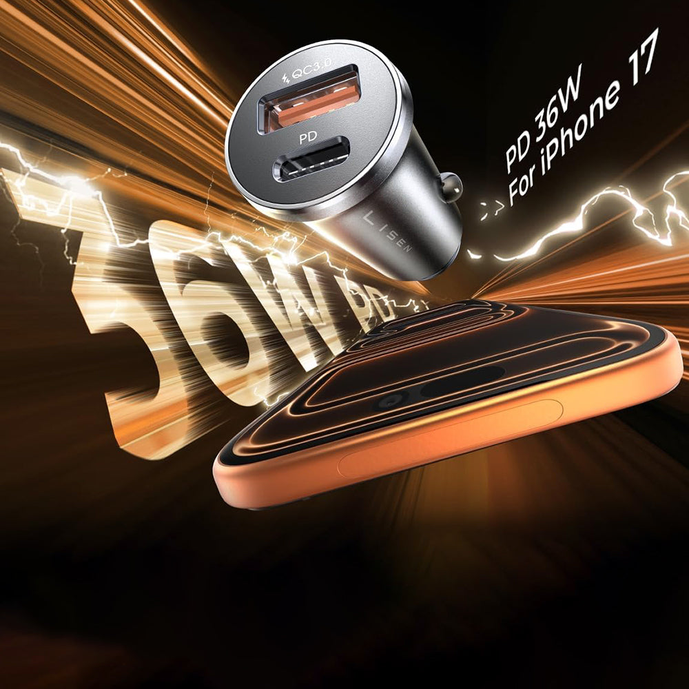 Lisen Auto Laturi, 36W, 3A, 1 x USB-A - 1 x USB-C, Musta YL0223090002