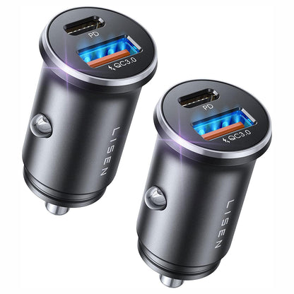 Lisen Auto Laturi, 36W, 3A, 1 x USB-A - 1 x USB-C, 2 kappaleen setti, Musta YL0223080038