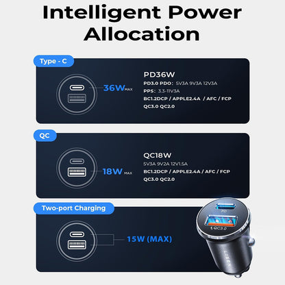 Lisen Auto Laturi, 51W, 3A, 1 x USB-A - 1 x USB-C, 2 kappaleen setti, Musta YL0223080037