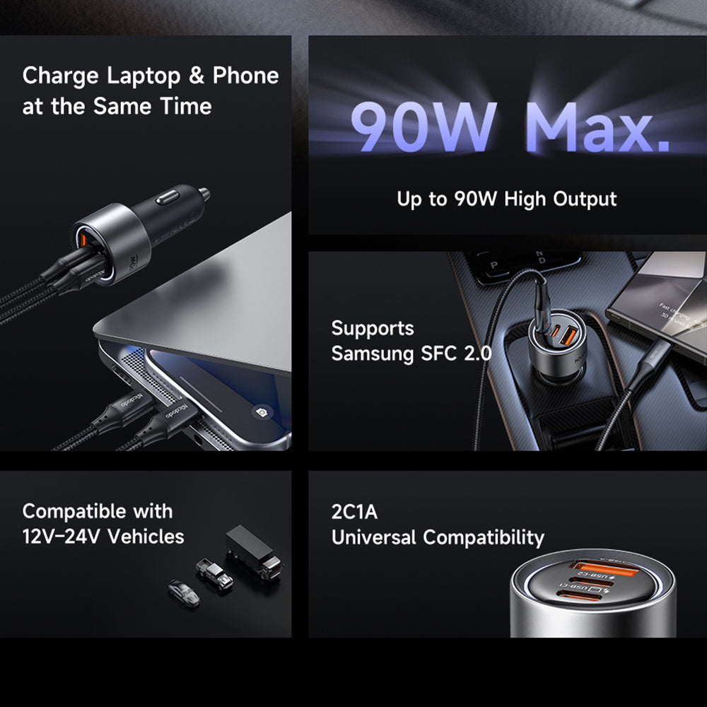 McDodo CC-3110 Gana Car Charger, 90W, 3A, 1 x USB-A - 2 x USB-C, Black