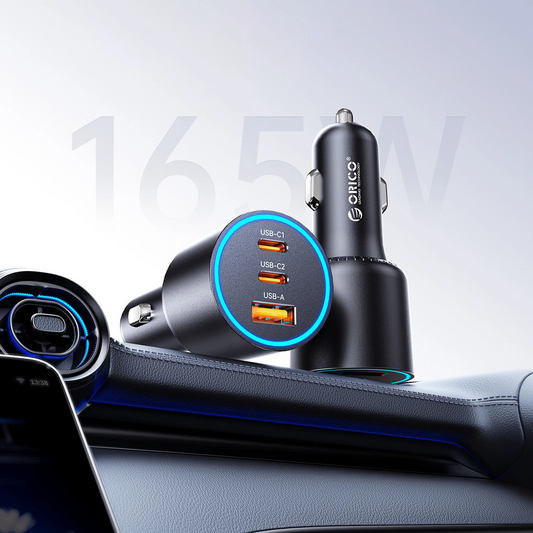 Orico HyperDrive autolaturi, 165W, 5A, 1 x USB-A - 2 x USB-C, Musta