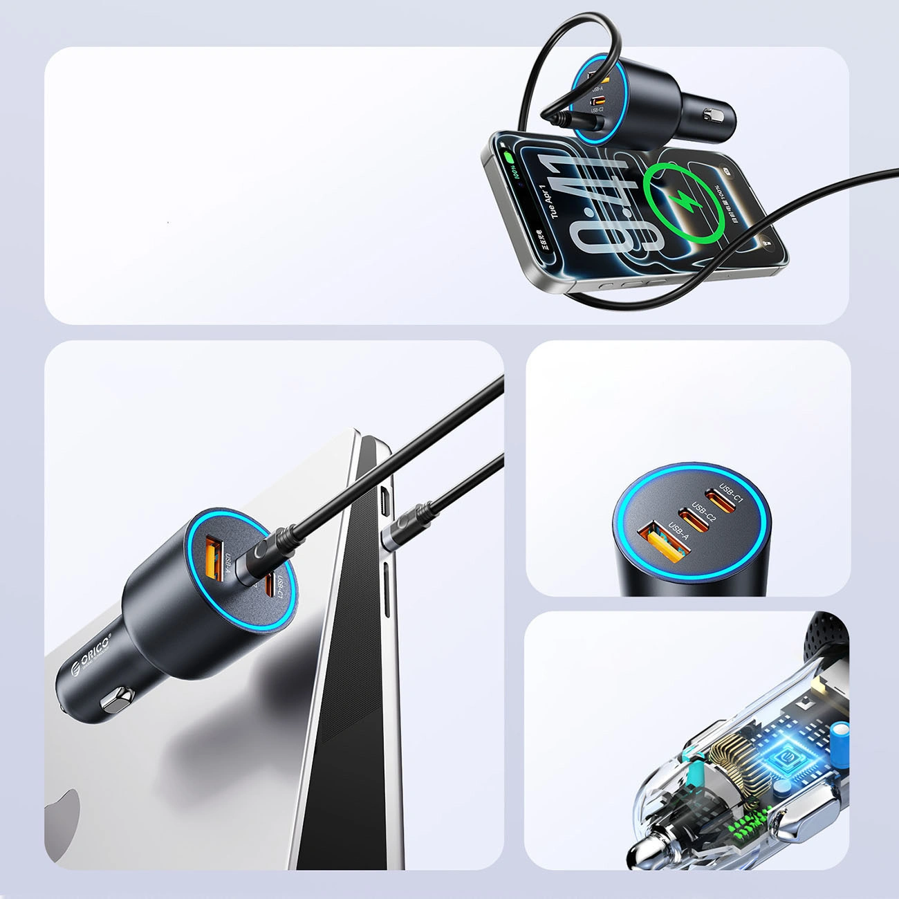 Orico HyperDrive autolaturi, 165W, 5A, 1 x USB-A - 2 x USB-C, Musta