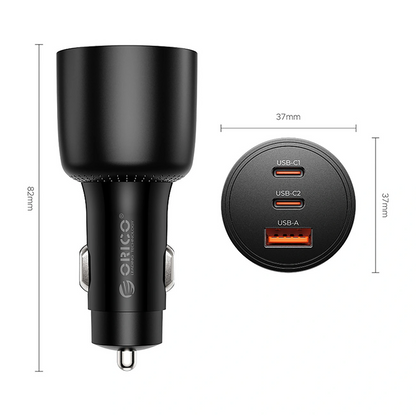 Orico PowerLink autolaturi, 165W, 5A, 1 x USB-A - 2 x USB-C, Musta